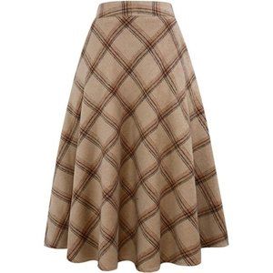 Women's High Elastic Waist Maxi Skirt A-line Plaid Winter Warm Flare Long Skirt